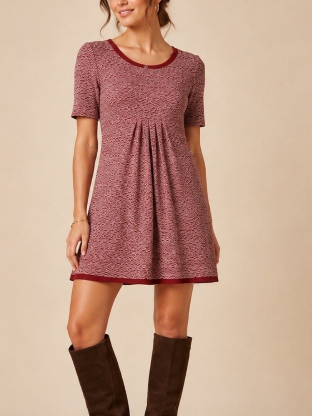 Anthropologie Maeve Women's Short Sleeve Burgundy Textured Swing Dress size smal